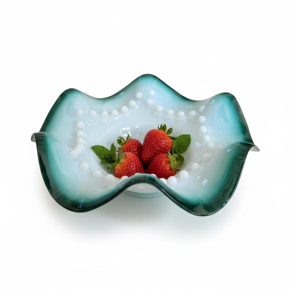 Antique Blown Milk Glass Bowl Emerald Green Trim 7" Art Glass Vintage